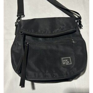 IHKWIP Foldover Saddle Crossbody Bag Black Zip Close Messenger Travel Work